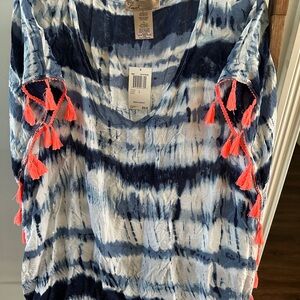 Umgee Blue Tie-Dye Top with Pink Tassels